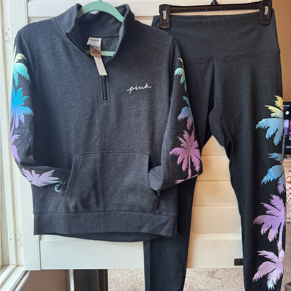PINK Victoria's Secret Gray Palm Tree Set NWT (leggings missing tag) - Picture 2 of 4